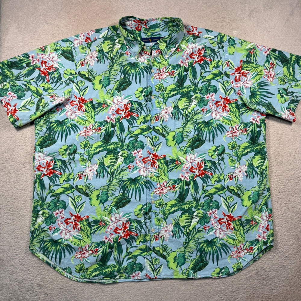 Polo Ralph Lauren Hawaiian Button Down Shirt Mens 2XB Blue Floral Short Sleeve